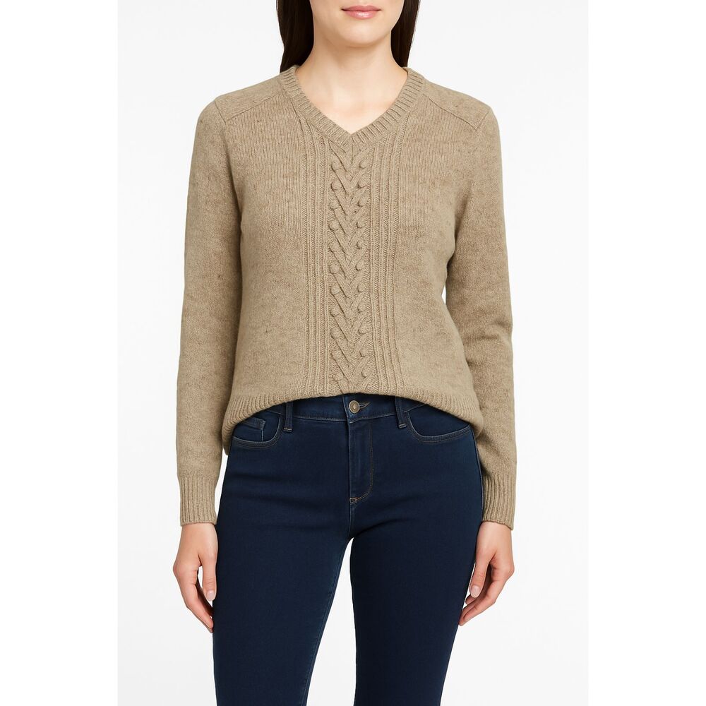 Liz Claiborne Women’s Medium Sweater Beige Cable Knit V-Neck Pullover